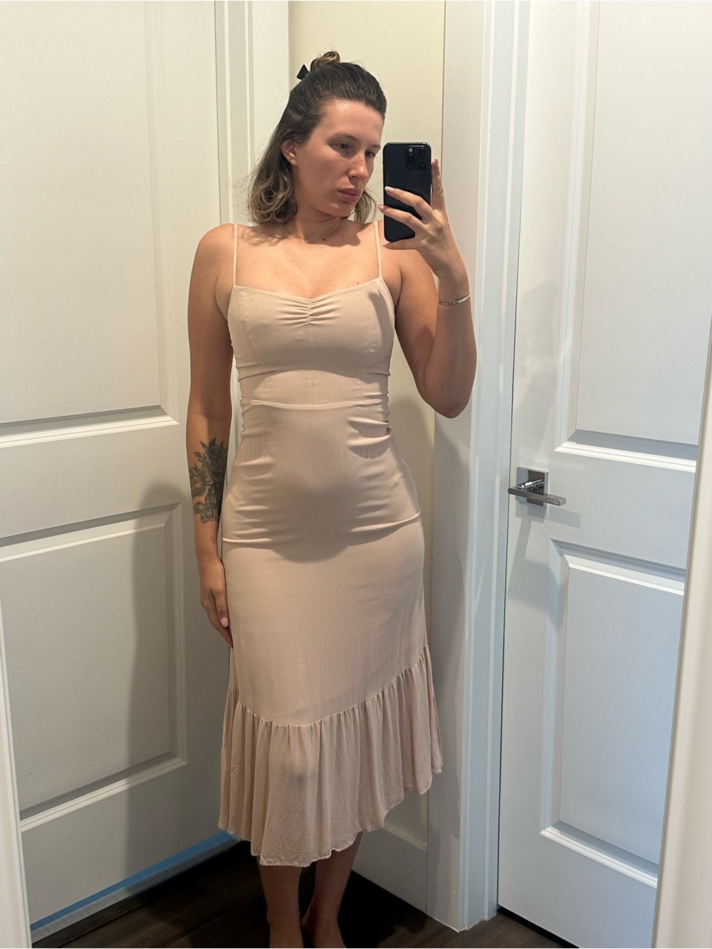 Reformation Nude Slip Midi Dress with Ruffle Hem